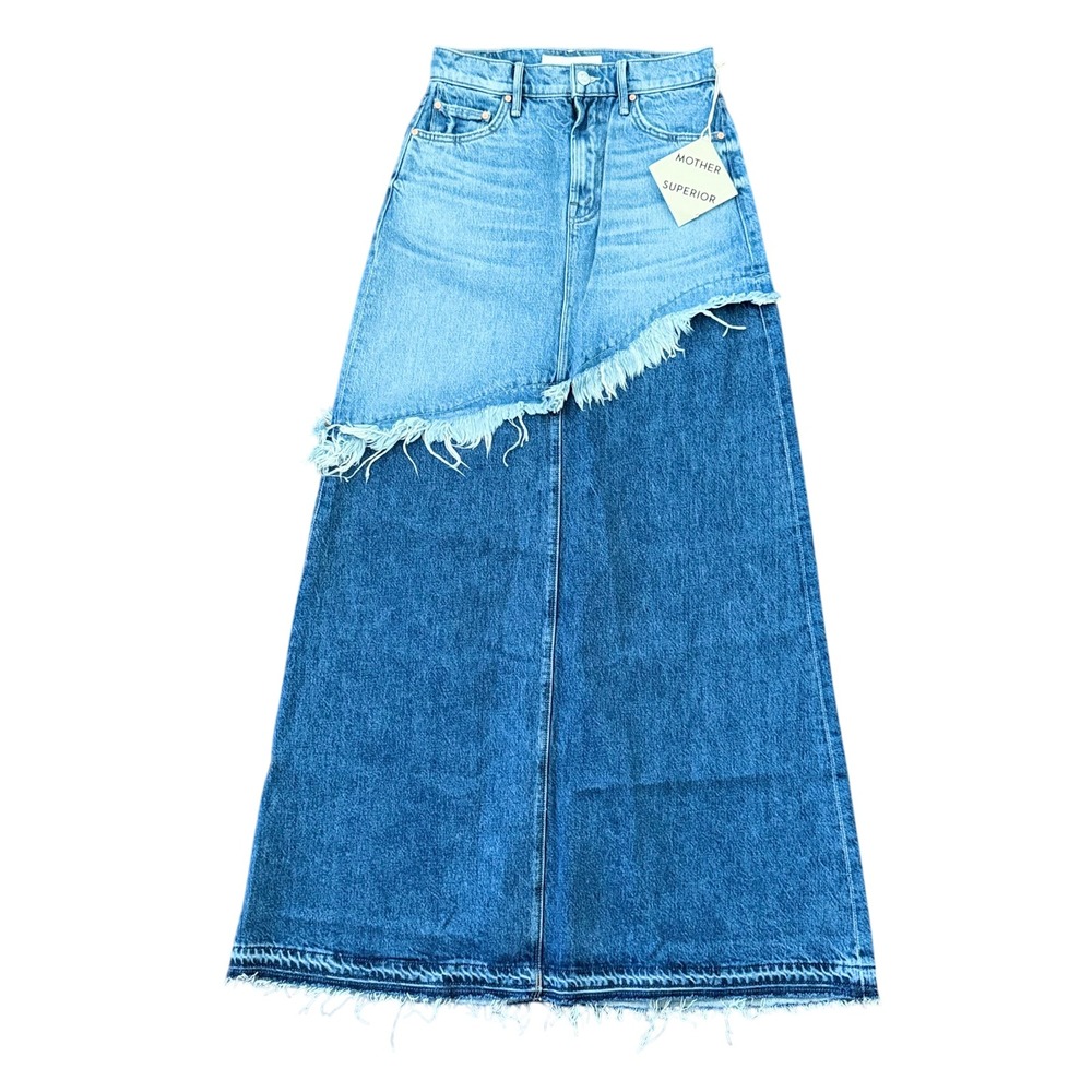 MOTHER SUPERIOR The Dual Ditcher Maxi Skirt Double Whammy Denim Raw Hem Size 23